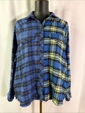 Wild Fable Blue & Chartreuse Patchwork Plaid Oversized Flannel Shirt